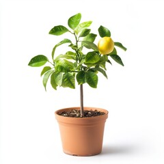 Small Lemon Tree in Terracotta Pot on White Background
