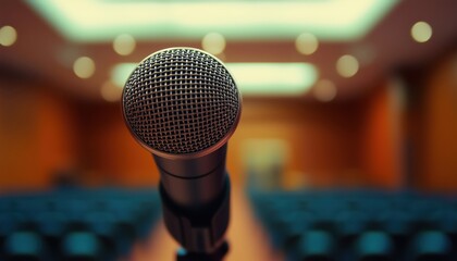 Microphone Close-Up In Conference Room Or Meeting Hall For Professional Gatherings And Presentations. Ideal For Business Discussions And Presentations.