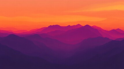 Fototapeta premium Vibrant sunset gradient painting overlapping mountain silhouettes with blending orange, pink, and purple hues against darkening horizon