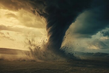 Tornado touches ground in a vast plain, a powerful cyclone sweeping across the landscape amid dust and dramatic sky