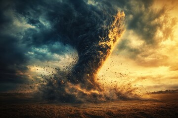 Obraz premium Powerful Tornado Engulfing Open Field, Causing Destruction Amidst Dark Sky and Golden Sunset