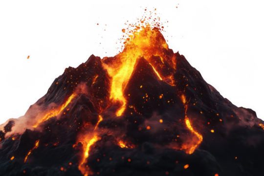 Volcano eruption with lava isolated on transparent background