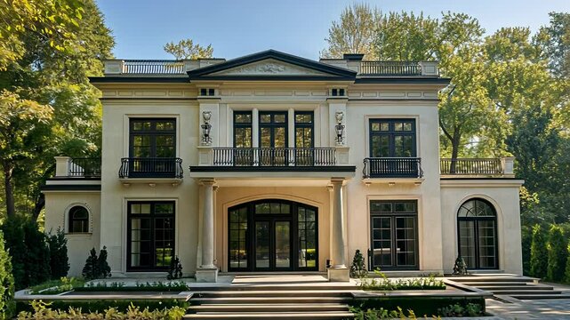 Luxurious mansion showcases elegant architecture and lush landscaping in a serene neighborhood