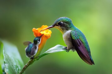 A mother hummingbird feeds a young one on a vibrant orange flower