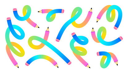 Set of  colorful, flexible pencils bent into various abstract shapes on a white background.