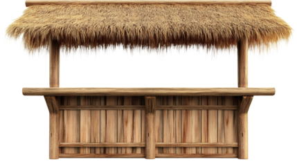 Wooden beach bar counter with thatched roof on transparent background