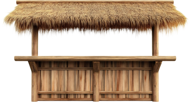 Wooden beach bar counter with thatched roof on transparent background