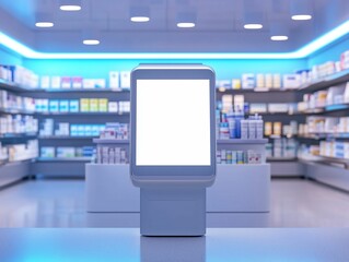 A touchscreen display sits prominently in a contemporary pharmacy setting, featuring a blank white screen. Shelves stocked with various medications and health products surround the display.