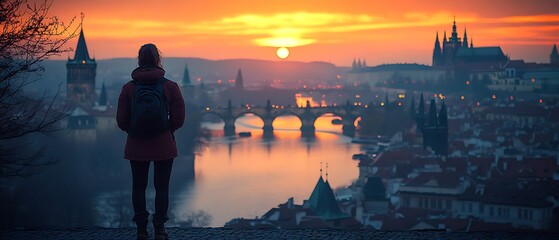 Obraz premium Sunrise over Prague with solo traveler.