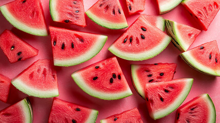 Fresh watermelon slices arranged on pink background