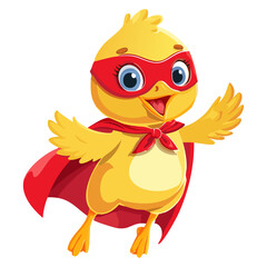 Chicken Superhero – A small yellow chicken with a red cape and a mask over his eyes, flying with his wings stretched forward.