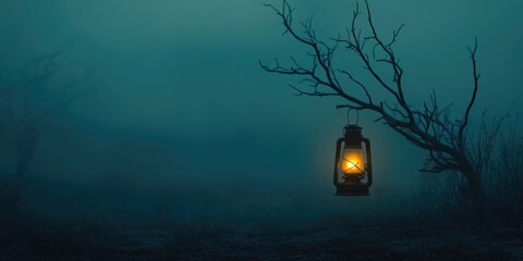 Lantern in Foggy Forest