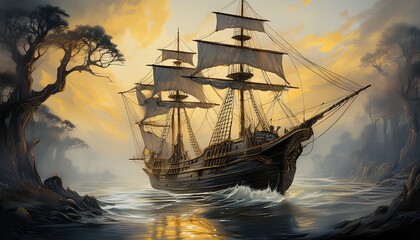 Obraz premium Tattered Sails on a Forsaken Ocean Voyage