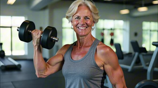 Mature woman strength training with dumbbells in a gym environment