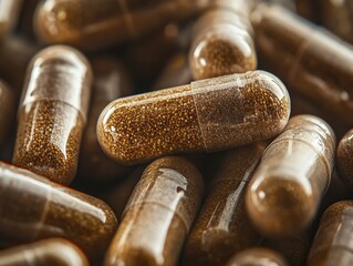 Close-up of Brown Probiotic Capsules Revealing Granular Contents Under Transparent Shells -...