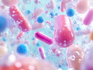 Microscopic View of Capsules and Spheres in Vibrant Pastel Colors Floating in a Clear, Clean Liquid...