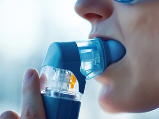 Person inhaling medicine with nebulizer treatment for respiratory illness symptom relief and easier...