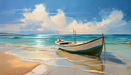 Naklejka premium Beached Boat Beneath a Clear Blue Sky