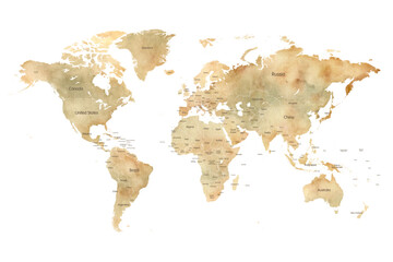 World Map Watercolor - Art Decorative Vector Illustration of the World Map in Brown Gray Terracotta Colors - Ideally for Interior Print
