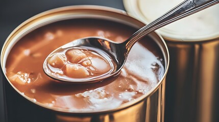 A Spoonful of Comfort: A close-up view of a silver spoon scooping out a spoonful of hearty baked beans from a tin, evoking warmth and homeliness.