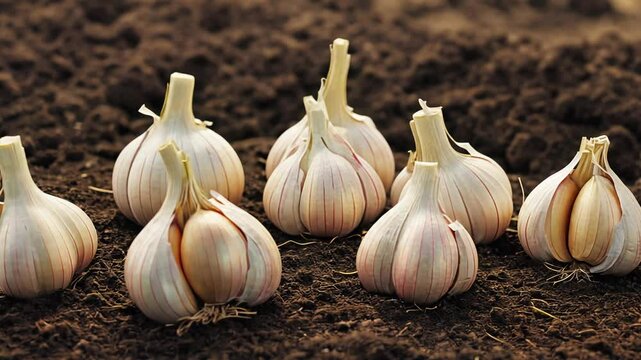 Garlic bulbs planted in neat rows on rich soil. Concept of organic farming, garlic cultivation, eco agriculture, and sustainable food production for green living visuals