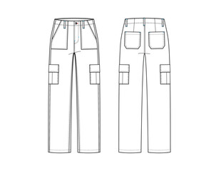 Women's Mid rise cargo pants technical flat sketch fashion design vector