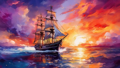 Fototapeta premium Clipper Ship Sailing Into Fiery Sunset