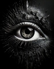 Obraz premium A digitally rendered close-up image presents a stylized human eye, rendered in shades of gray and black, surrounded by spiky, abstract textures against a dark background.