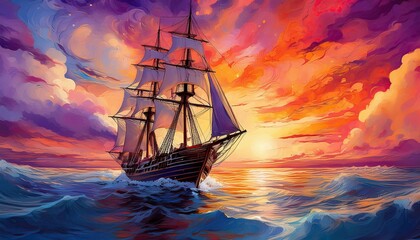 Obraz premium Evening Sky Ignites Behind Graceful Vessel