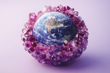 An earth surrounded by a beautiful cluster of shimmering amethyst crystals