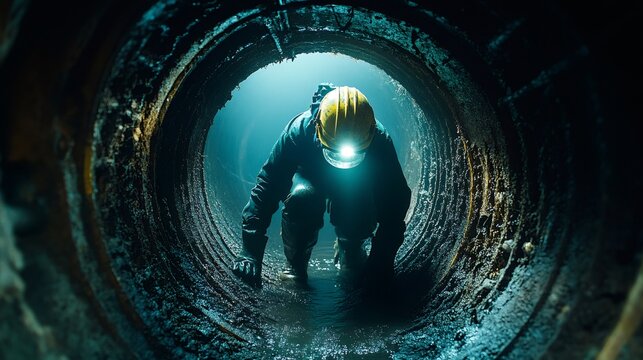 Worker exploring dark and flooded tunnel with headlamp