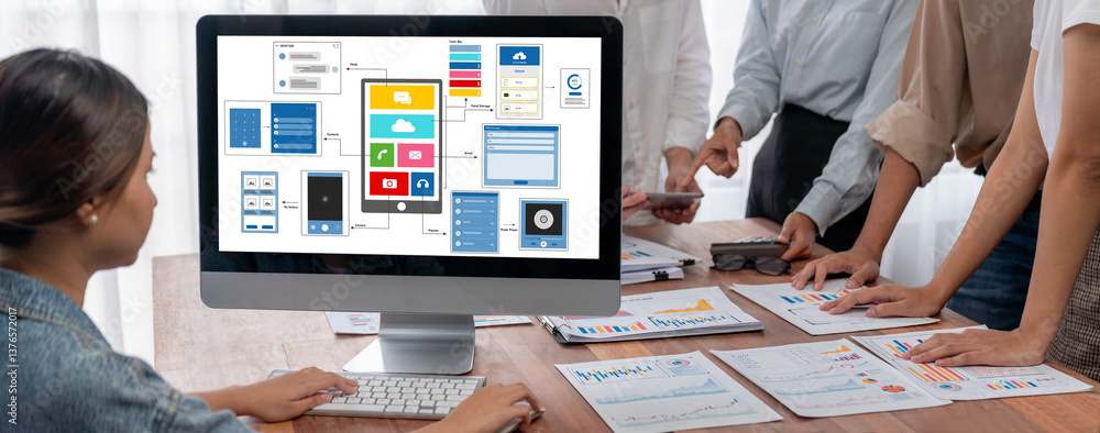 Poster UX UI design process for brisk mobile application and website . Creative prototype of wireframe for professional app developer .