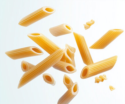 penne regate pasta floating in the air