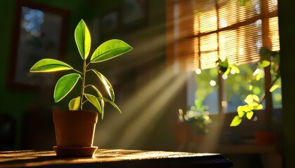 Enhance Your Living Space with an Indoor Plant Setup by Natural Light Window Explore the beauty of indoor gardening with sun-loving plants basking in soft sunlight streaming through woven blinds