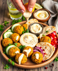 Healthy Mediterranean Platter: Falafel, Hummus, and Pita with Tasty Tahini Sauce - Vibrant Vegetarian Appetizer and Light Meal Options