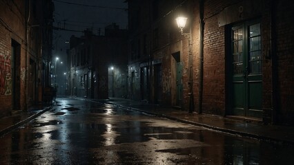 Moody night scene of a wet alley with street lamps illuminating graffiti-covered walls, copy space