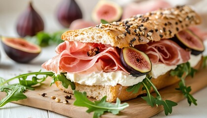 Cream Cheese, Prosciutto, Fig, And Rocket Sandwich - A Delightful Combination Of Savory And Sweet Flavors, Perfect For A Satisfying Lunch.