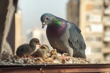 A pigeon mother observes her hatchlings in their nest safely