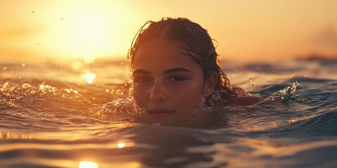 Fototapeta premium Woman Swimming Ocean Sunset