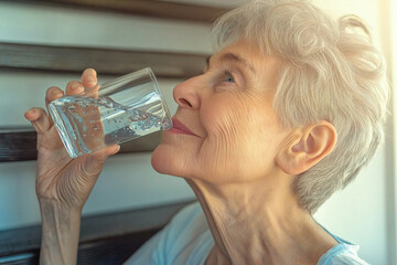 old woman drinking water from a glass, side view photo of an old woman with grey hair and blue eyes enjoying clear water., elderly woman drinking water