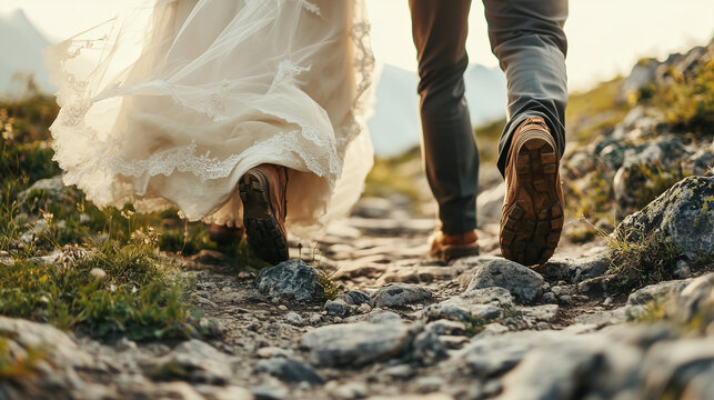 Wedding couple walking on a rocky path, showcasing the bride's dress and groom shoes in a natural landscape setting, symbolizing a journey together in marriage. Image made using Generative AI.