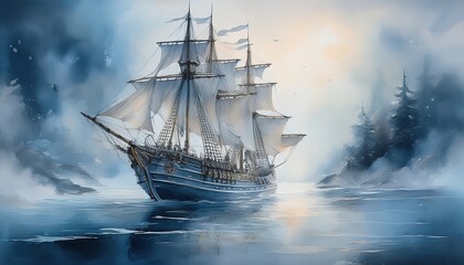 Fototapeta premium Tranquil Tall Ship in Blue Twilight