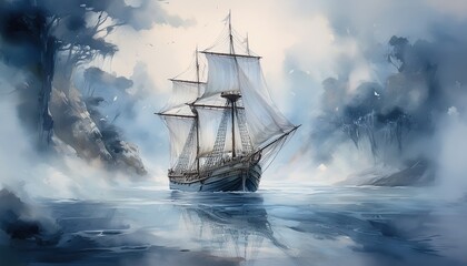 Fototapeta premium Twilight Galleon in Soft Silver Light