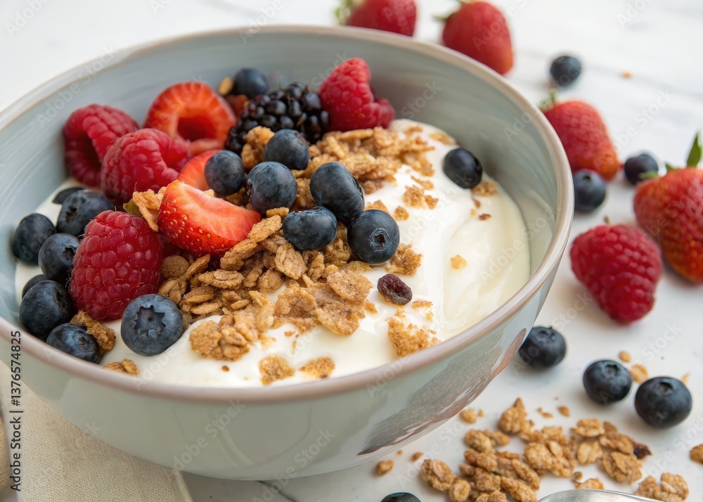 Poster a bowl of fruit with a spoonful of cereal on top. strawberries are part of the fruits in the bowl.