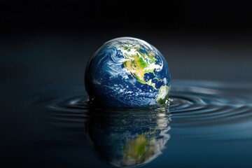 A globe sitting in water showcasing its continents and oceans