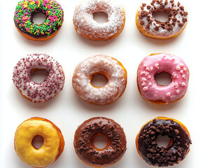 Happy donuts in pastel colors, each with a unique topping and cheerful design
