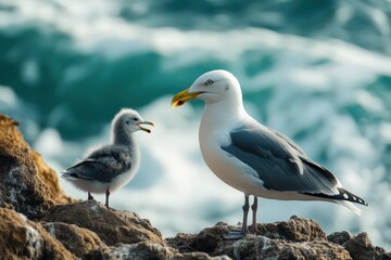 Obraz premium Two gulls are standing on a rocky cliff near the ocean