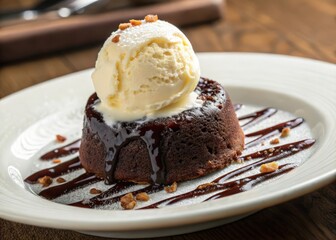  Desert on white plate with cream. Keywords: chocolate cake, ice cream, sauce. 