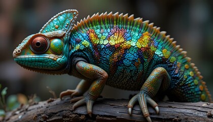 Fototapeta premium Colorful Chameleon Perched on Branch – Vibrant, Detailed, Nature