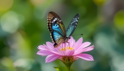Fototapeta premium Blue Butterfly Resting on Pink Flower – Vibrant, Delicate, Nature